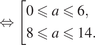  рав­но­силь­но со­во­куп­ность вы­ра­же­ний  новая стро­ка 0 мень­ше или равно a мень­ше или равно 6,  новая стро­ка 8 мень­ше или равно a мень­ше или равно 14. конец со­во­куп­но­сти .