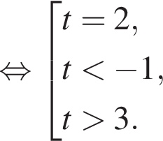  рав­но­силь­но со­во­куп­ность вы­ра­же­ний t=2,t мень­ше минус 1, t боль­ше 3. конец со­во­куп­но­сти . 