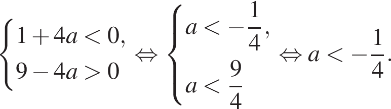 система выражений 1 плюс 4a меньше 0, 9 минус 4a больше 0 конец системы . равносильно система выражений a меньше минус дробь: числитель: 1, знаменатель: 4 конец дроби , a меньше дробь: числитель: 9, знаменатель: 4 конец дроби конец системы . равносильно a меньше минус дробь: числитель: 1, знаменатель: 4 конец дроби .