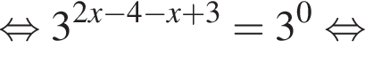 равносильно 3 в степени левая круглая скобка 2x минус 4 минус x плюс 3 правая круглая скобка =3 в степени 0 равносильно