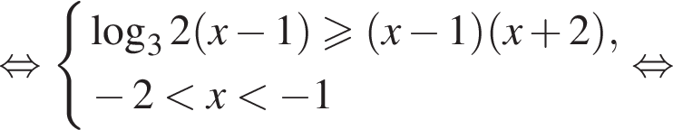 равносильно система выражений логарифм по основанию 3 2 левая круглая скобка x минус 1 правая круглая скобка больше или равно левая круглая скобка x минус 1 правая круглая скобка левая круглая скобка x плюс 2 правая круглая скобка , минус 2 меньше x меньше минус 1 конец системы . равносильно