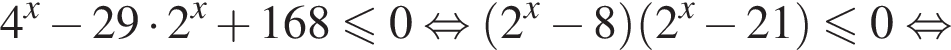 4 в сте­пе­ни x минус 29 умно­жить на 2 в сте­пе­ни x плюс 168 мень­ше или равно 0 рав­но­силь­но левая круг­лая скоб­ка 2 в сте­пе­ни x минус 8 пра­вая круг­лая скоб­ка левая круг­лая скоб­ка 2 в сте­пе­ни x минус 21 пра­вая круг­лая скоб­ка мень­ше или равно 0 рав­но­силь­но 