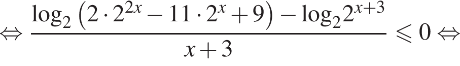  рав­но­силь­но дробь: чис­ли­тель: \log _2 левая круг­лая скоб­ка 2 умно­жить на 2 в сте­пе­ни левая круг­лая скоб­ка 2x пра­вая круг­лая скоб­ка минус 11 умно­жить на 2 в сте­пе­ни левая круг­лая скоб­ка x пра­вая круг­лая скоб­ка плюс 9 пра­вая круг­лая скоб­ка минус \log _2, зна­ме­на­тель: 2 в сте­пе­ни левая круг­лая скоб­ка x плюс 3 пра­вая круг­лая скоб­ка конец дроби x плюс 3 мень­ше или равно 0 рав­но­силь­но 