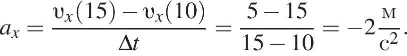 a_x= дробь: чис­ли­тель: v _x левая круг­лая скоб­ка 15 пра­вая круг­лая скоб­ка минус v _x левая круг­лая скоб­ка 10 пра­вая круг­лая скоб­ка , зна­ме­на­тель: \Delta t конец дроби = дробь: чис­ли­тель: 5 минус 15, зна­ме­на­тель: 15 минус 10 конец дроби = минус 2 дробь: чис­ли­тель: м, зна­ме­на­тель: с в квад­ра­те конец дроби . 