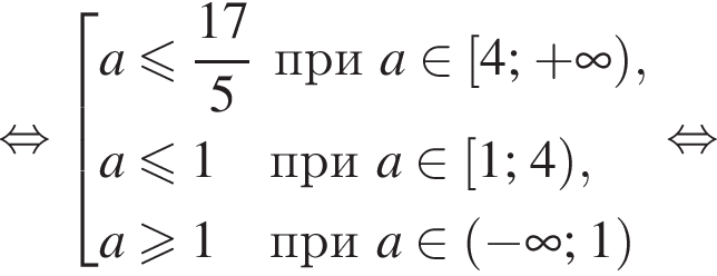 равносильно совокупность выражений a меньше или равно дробь: числитель: 17, знаменатель: 5 конец дроби при a принадлежит левая квадратная скобка 4; плюс бесконечность правая круглая скобка , a меньше или равно 1 при a принадлежит левая квадратная скобка 1; 4 правая круглая скобка , a больше или равно 1 при a принадлежит левая круглая скобка минус бесконечность ; 1 правая круглая скобка конец совокупности . равносильно