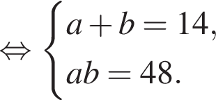  рав­но­силь­но си­сте­ма вы­ра­же­ний a плюс b = 14, ab = 48. конец си­сте­мы .