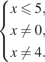 система выражений новая строка x меньше или равно 5, новая строка x не равно 0, новая строка x не равно 4. конец системы