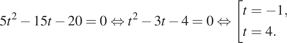 5t в квад­ра­те минус 15t минус 20=0 рав­но­силь­но t в квад­ра­те минус 3t минус 4=0 рав­но­силь­но со­во­куп­ность вы­ра­же­ний t= минус 1, t=4. конец со­во­куп­но­сти .