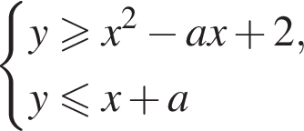  си­сте­ма вы­ра­же­ний y боль­ше или равно x в квад­ра­те минус ax плюс 2,y мень­ше или равно x плюс a конец си­сте­мы . 