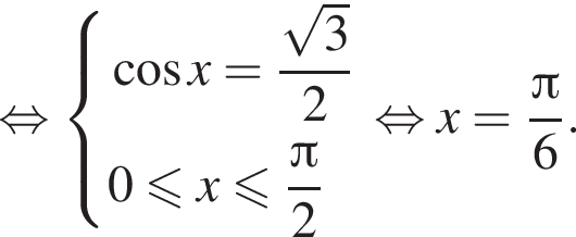  рав­но­силь­но си­сте­ма вы­ра­же­ний  новая стро­ка ко­си­нус x= дробь: чис­ли­тель: ко­рень из: на­ча­ло ар­гу­мен­та: 3 конец ар­гу­мен­та , зна­ме­на­тель: 2 конец дроби  новая стро­ка 0 мень­ше или равно x мень­ше или равно дробь: чис­ли­тель: Пи , зна­ме­на­тель: 2 конец дроби  конец си­сте­мы . рав­но­силь­но x= дробь: чис­ли­тель: Пи , зна­ме­на­тель: 6 конец дроби . 