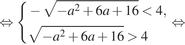  рав­но­силь­но си­сте­ма вы­ра­же­ний  новая стро­ка минус ко­рень из: на­ча­ло ар­гу­мен­та: минус a конец ар­гу­мен­та в квад­ра­те плюс 6a плюс 16 мень­ше 4 , новая стро­ка ко­рень из: на­ча­ло ар­гу­мен­та: минус a конец ар­гу­мен­та в квад­ра­те плюс 6a плюс 16 боль­ше 4 конец си­сте­мы . рав­но­силь­но 