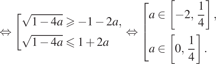 равносильно совокупность выражений корень из: начало аргумента: 1 минус 4a конец аргумента \geqslant минус 1 минус 2a, корень из: начало аргумента: 1 минус 4a конец аргумента меньше или равно 1 плюс 2a конец совокупности . равносильно совокупность выражений a принадлежит левая квадратная скобка минус 2, дробь: числитель: 1, знаменатель: 4 конец дроби правая квадратная скобка , a принадлежит левая квадратная скобка 0, дробь: числитель: 1, знаменатель: 4 конец дроби правая квадратная скобка . конец совокупности .