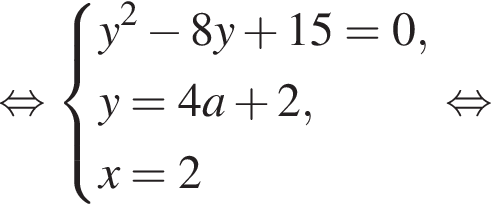  рав­но­силь­но си­сте­ма вы­ра­же­ний  новая стро­ка y в квад­ра­те минус 8y плюс 15=0 , новая стро­ка y=4a плюс 2 , новая стро­ка x=2 конец си­сте­мы . рав­но­силь­но 