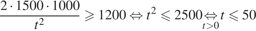  дробь: чис­ли­тель: 2 умно­жить на 1500 умно­жить на 1000, зна­ме­на­тель: t в квад­ра­те конец дроби боль­ше или равно 1200 рав­но­силь­но t в квад­ра­те мень­ше или равно 2500\undersett боль­ше 0\mathop рав­но­силь­но t мень­ше или равно 50 
