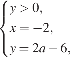  си­сте­ма вы­ра­же­ний y боль­ше 0, x = минус 2, y = 2a минус 6, конец си­сте­мы . 