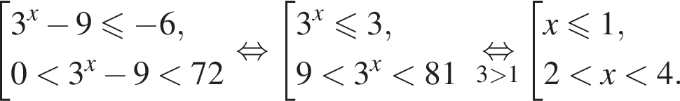  со­во­куп­ность вы­ра­же­ний 3 в сте­пе­ни x минус 9 мень­ше или равно минус 6,0 мень­ше 3 в сте­пе­ни x минус 9 мень­ше 72 конец со­во­куп­но­сти . рав­но­силь­но со­во­куп­ность вы­ра­же­ний 3 в сте­пе­ни x мень­ше или равно 3,9 мень­ше 3 в сте­пе­ни x мень­ше 81 конец со­во­куп­но­сти . \underset3 боль­ше 1\mathop рав­но­силь­но со­во­куп­ность вы­ра­же­ний x мень­ше или равно 1,2 мень­ше x мень­ше 4. конец со­во­куп­но­сти . 