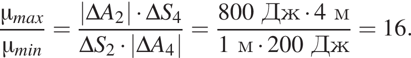  дробь: чис­ли­тель: \mu_max, зна­ме­на­тель: \mu_min конец дроби = дробь: чис­ли­тель: |\Delta A_2| умно­жить на \Delta S_4, зна­ме­на­тель: \Delta S_2 умно­жить на |\Delta A_4| конец дроби = дробь: чис­ли­тель: 800Дж умно­жить на 4м, зна­ме­на­тель: 1 м умно­жить на 200 Дж конец дроби =16. 