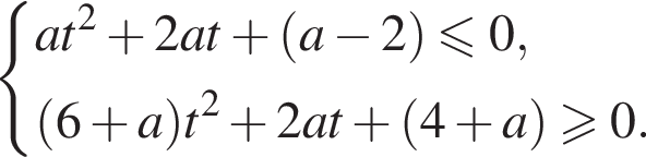 левая фигурная скобка \beginaligned новая строка at в квадрате плюс 2at плюс левая круглая скобка a минус 2 правая круглая скобка меньше или равно 0, новая строка левая круглая скобка 6 плюс a правая круглая скобка t в квадрате плюс 2at плюс левая круглая скобка 4 плюс a правая круглая скобка больше или равно 0. \endaligned.