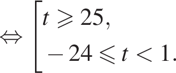  рав­но­силь­но со­во­куп­ность вы­ра­же­ний t боль­ше или равно 25, минус 24 мень­ше или равно t мень­ше 1. конец со­во­куп­но­сти . 