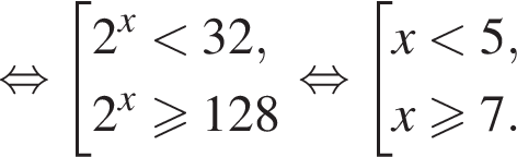  рав­но­силь­но со­во­куп­ность вы­ра­же­ний 2 в сте­пе­ни x мень­ше 32,2 в сте­пе­ни x боль­ше или равно 128 конец со­во­куп­но­сти . рав­но­силь­но со­во­куп­ность вы­ра­же­ний x мень­ше 5,x боль­ше или равно 7. конец со­во­куп­но­сти . 