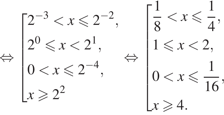  рав­но­силь­но со­во­куп­ность вы­ра­же­ний 2 в сте­пе­ни левая круг­лая скоб­ка минус 3 пра­вая круг­лая скоб­ка мень­ше x мень­ше или равно 2 в сте­пе­ни левая круг­лая скоб­ка минус 2 пра­вая круг­лая скоб­ка ,2 в сте­пе­ни 0 мень­ше или равно x мень­ше 2 в сте­пе­ни 1 ,0 мень­ше x мень­ше или равно 2 в сте­пе­ни левая круг­лая скоб­ка минус 4 пра­вая круг­лая скоб­ка ,x боль­ше или равно 2 в квад­ра­те конец со­во­куп­но­сти . рав­но­силь­но со­во­куп­ность вы­ра­же­ний дробь: чис­ли­тель: 1, зна­ме­на­тель: 8 конец дроби мень­ше x мень­ше или равно дробь: чис­ли­тель: 1, зна­ме­на­тель: 4 конец дроби ,1 мень­ше или равно x мень­ше 2,0 мень­ше x мень­ше или равно дробь: чис­ли­тель: 1, зна­ме­на­тель: конец дроби 16 ,x боль­ше или равно 4. конец со­во­куп­но­сти . 