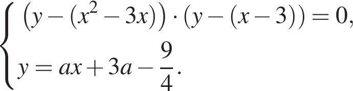  си­сте­ма вы­ра­же­ний  новая стро­ка левая круг­лая скоб­ка y минус левая круг­лая скоб­ка x в квад­ра­те минус 3x пра­вая круг­лая скоб­ка пра­вая круг­лая скоб­ка умно­жить на левая круг­лая скоб­ка y минус левая круг­лая скоб­ка x минус 3 пра­вая круг­лая скоб­ка пра­вая круг­лая скоб­ка =0 , новая стро­ка y=ax плюс 3a минус дробь: чис­ли­тель: 9, зна­ме­на­тель: 4 конец дроби . конец си­сте­мы .