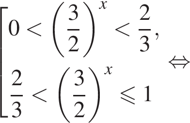  со­во­куп­ность вы­ра­же­ний 0 мень­ше левая круг­лая скоб­ка дробь: чис­ли­тель: 3, зна­ме­на­тель: 2 конец дроби пра­вая круг­лая скоб­ка в сте­пе­ни x мень­ше дробь: чис­ли­тель: 2, зна­ме­на­тель: 3 конец дроби , дробь: чис­ли­тель: 2, зна­ме­на­тель: 3 конец дроби мень­ше левая круг­лая скоб­ка дробь: чис­ли­тель: 3, зна­ме­на­тель: 2 конец дроби пра­вая круг­лая скоб­ка в сте­пе­ни x мень­ше или равно 1 конец со­во­куп­но­сти . рав­но­силь­но 