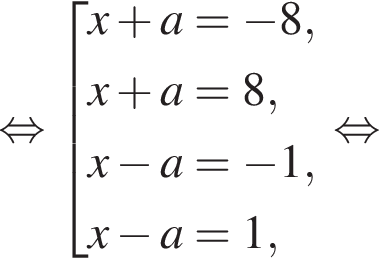  рав­но­силь­но со­во­куп­ность вы­ра­же­ний x плюс a = минус 8,x плюс a = 8, x минус a = минус 1, x минус a = 1, конец со­во­куп­но­сти . рав­но­силь­но 
