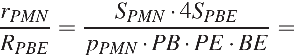 дробь: числитель: r_PMN, знаменатель: R_PBE конец дроби = дробь: числитель: S_PMN умножить на 4S_PBE, знаменатель: p_PMN умножить на PB умножить на PE умножить на BE конец дроби =