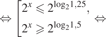 равносильно совокупность выражений новая строка 2 в степени левая круглая скобка x правая круглая скобка меньше или равно 2 в степени левая круглая скобка \log правая круглая скобка _21,25, новая строка 2 в степени левая круглая скобка x правая круглая скобка больше или равно 2 в степени левая круглая скобка \log правая круглая скобка _21,5 конец совокупности . равносильно