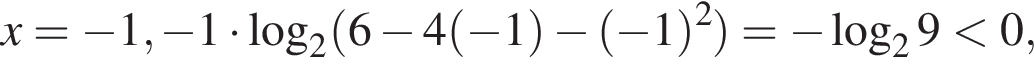 x= минус 1, минус 1 умно­жить на ло­га­рифм по ос­но­ва­нию 2 левая круг­лая скоб­ка 6 минус 4 левая круг­лая скоб­ка минус 1 пра­вая круг­лая скоб­ка минус левая круг­лая скоб­ка минус 1 пра­вая круг­лая скоб­ка в квад­ра­те пра­вая круг­лая скоб­ка = минус ло­га­рифм по ос­но­ва­нию 2 9 мень­ше 0,