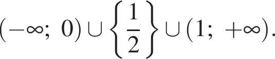 левая круг­лая скоб­ка минус бес­ко­неч­ность ;0 пра­вая круг­лая скоб­ка \cup левая фи­гур­ная скоб­ка дробь: чис­ли­тель: 1, зна­ме­на­тель: 2 конец дроби пра­вая фи­гур­ная скоб­ка \cup левая круг­лая скоб­ка 1; плюс бес­ко­неч­ность пра­вая круг­лая скоб­ка .