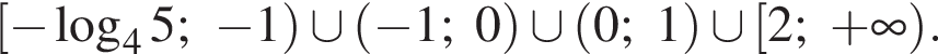 левая квадратная скобка минус логарифм по основанию левая круглая скобка 4 правая круглая скобка 5; минус 1 правая круглая скобка \cup левая круглая скобка минус 1;0 правая круглая скобка \cup левая круглая скобка 0;1 правая круглая скобка \cup левая квадратная скобка 2; плюс бесконечность правая круглая скобка .