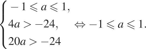  си­сте­ма вы­ра­же­ний минус 1 мень­ше или равно a мень­ше или равно 1, 4a боль­ше минус 24, 20a боль­ше минус 24 конец си­сте­мы . рав­но­силь­но минус 1 мень­ше или равно a мень­ше или равно 1.