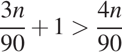  дробь: чис­ли­тель: 3n, зна­ме­на­тель: 90 конец дроби плюс 1 боль­ше дробь: чис­ли­тель: 4n, зна­ме­на­тель: 90 конец дроби 