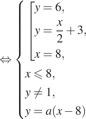  рав­но­силь­но си­сте­ма вы­ра­же­ний со­во­куп­ность вы­ра­же­ний y=6, y= дробь: чис­ли­тель: x, зна­ме­на­тель: 2 конец дроби плюс 3 , x=8, конец си­сте­мы . x мень­ше или равно 8, y не равно 1, y=a левая круг­лая скоб­ка x минус 8 пра­вая круг­лая скоб­ка конец со­во­куп­но­сти . 