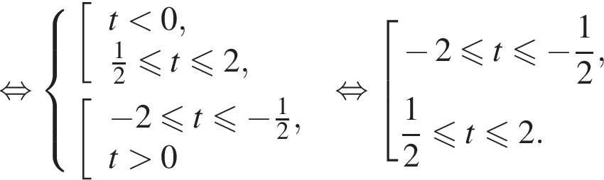 равносильно система выражений новая строка левая квадратная скобка \beginarrayl t меньше 0, дробь: числитель: 1, знаменатель: 2 конец дроби меньше или равно t меньше или равно 2,\endarray. новая строка левая квадратная скобка \beginarrayl минус 2 меньше или равно t меньше или равно минус дробь: числитель: 1, знаменатель: 2 конец дроби , t больше 0 \endarray. конец системы . равносильно совокупность выражений минус 2 меньше или равно t меньше или равно минус дробь: числитель: 1, знаменатель: 2 конец дроби , дробь: числитель: 1, знаменатель: 2 конец дроби меньше или равно t меньше или равно 2. конец совокупности .