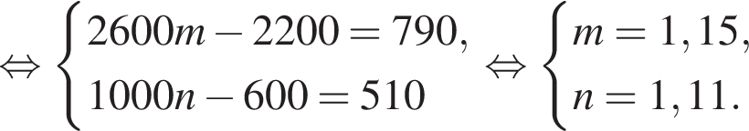  рав­но­силь­но си­сте­ма вы­ра­же­ний 2600m минус 2200=790, 1000n минус 600=510 конец си­сте­мы . рав­но­силь­но си­сте­ма вы­ра­же­ний m=1,15, n=1,11. конец си­сте­мы . 