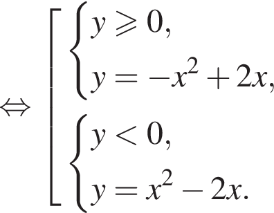 равносильно совокупность выражений система выражений y больше или равно 0, y = минус x в квадрате плюс 2 x, конец системы . система выражений y меньше 0, y = x в квадрате минус 2 x. конец системы . конец совокупности .