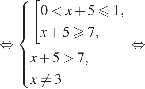  рав­но­силь­но си­сте­ма вы­ра­же­ний со­во­куп­ность вы­ра­же­ний 0 мень­ше x плюс 5 мень­ше или равно 1, x плюс 5 боль­ше или равно 7, конец си­сте­мы . x плюс 5 боль­ше 7, x не равно 3 конец со­во­куп­но­сти . рав­но­силь­но 