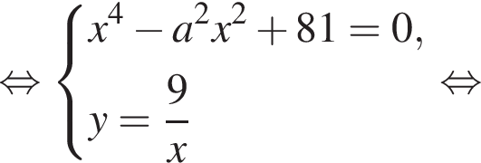  рав­но­силь­но си­сте­ма вы­ра­же­ний x в сте­пе­ни 4 минус a в квад­ра­те x в квад­ра­те плюс 81 = 0, y = дробь: чис­ли­тель: 9, зна­ме­на­тель: x конец дроби конец си­сте­мы . рав­но­силь­но 