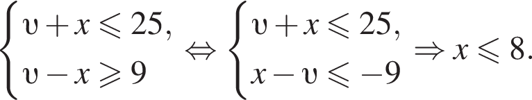  си­сте­ма вы­ра­же­ний v плюс x мень­ше или равно 25, v минус x\geqslant9 конец си­сте­мы . рав­но­силь­но си­сте­ма вы­ра­же­ний v плюс x мень­ше или равно 25,x минус v \leqslant минус 9 конец си­сте­мы . \Rightarrow x мень­ше или равно 8.