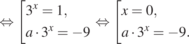  рав­но­силь­но со­во­куп­ность вы­ра­же­ний 3 в сте­пе­ни x =1,a умно­жить на 3 в сте­пе­ни x = минус 9 конец со­во­куп­но­сти . рав­но­силь­но со­во­куп­ность вы­ра­же­ний x=0,a умно­жить на 3 в сте­пе­ни x = минус 9. конец со­во­куп­но­сти . 