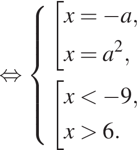  рав­но­силь­но си­сте­ма вы­ра­же­ний со­во­куп­ность вы­ра­же­ний x= минус a, x=a в квад­ра­те , конец си­сте­мы . со­во­куп­ность вы­ра­же­ний x мень­ше минус 9, x боль­ше 6. конец со­во­куп­но­сти . конец со­во­куп­но­сти . 