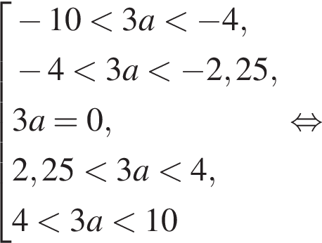 со­во­куп­ность вы­ра­же­ний минус 10 мень­ше 3a мень­ше минус 4, минус 4 мень­ше 3a мень­ше минус 2,25, 3a=0,2,25 мень­ше 3a мень­ше 4,4 мень­ше 3a мень­ше 10 конец со­во­куп­но­сти . рав­но­силь­но 