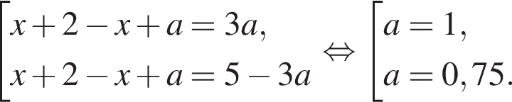 совокупность выражений x плюс 2 минус x плюс a=3a,x плюс 2 минус x плюс a=5 минус 3a конец совокупности . равносильно совокупность выражений a=1,a=0,75. конец совокупности .