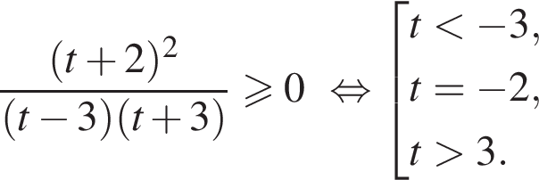  дробь: чис­ли­тель: левая круг­лая скоб­ка t плюс 2 пра­вая круг­лая скоб­ка в квад­ра­те , зна­ме­на­тель: левая круг­лая скоб­ка t минус 3 пра­вая круг­лая скоб­ка левая круг­лая скоб­ка t плюс 3 пра­вая круг­лая скоб­ка конец дроби \geqslant0 рав­но­силь­но со­во­куп­ность вы­ра­же­ний t мень­ше минус 3,t= минус 2,t боль­ше 3. конец со­во­куп­но­сти . 