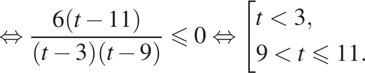  рав­но­силь­но дробь: чис­ли­тель: 6 левая круг­лая скоб­ка t минус 11 пра­вая круг­лая скоб­ка , зна­ме­на­тель: левая круг­лая скоб­ка t минус 3 пра­вая круг­лая скоб­ка левая круг­лая скоб­ка t минус 9 пра­вая круг­лая скоб­ка конец дроби мень­ше или равно 0 рав­но­силь­но со­во­куп­ность вы­ра­же­ний t мень­ше 3,9 мень­ше t мень­ше или равно 11. конец со­во­куп­но­сти . 