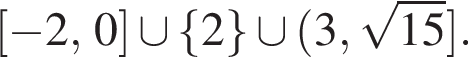  левая квад­рат­ная скоб­ка минус 2,0 пра­вая квад­рат­ная скоб­ка \cup левая фи­гур­ная скоб­ка 2 пра­вая фи­гур­ная скоб­ка \cup левая круг­лая скоб­ка 3, ко­рень из: на­ча­ло ар­гу­мен­та: 15 конец ар­гу­мен­та пра­вая квад­рат­ная скоб­ка .