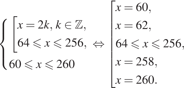  си­сте­ма вы­ра­же­ний со­во­куп­ность вы­ра­же­ний x=2k, k при­над­ле­жит Z , 64 мень­ше или равно x мень­ше или равно 256, конец си­сте­мы . 60 мень­ше или равно x мень­ше или равно 260 конец со­во­куп­но­сти . рав­но­силь­но со­во­куп­ность вы­ра­же­ний x=60, x=62, 64 мень­ше или равно x мень­ше или равно 256, x=258, x=260. конец со­во­куп­но­сти . 